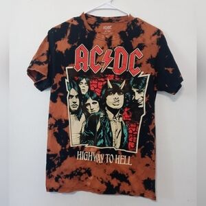 AC/DC HIGHWAY TO HELL BLEACHED TIE DYE BLACK ORANGE BAND CONCERT GRAPHIC TEE SM